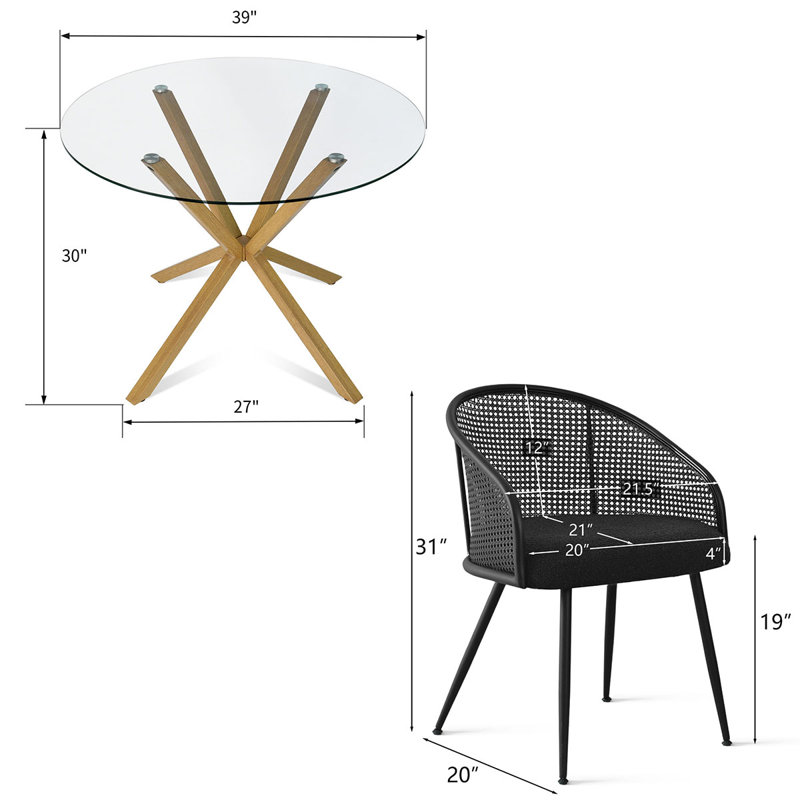 4 - Person Dining Table Sets With 39'' Round Table & 4 Upholstered Boucle Armchairs, Black