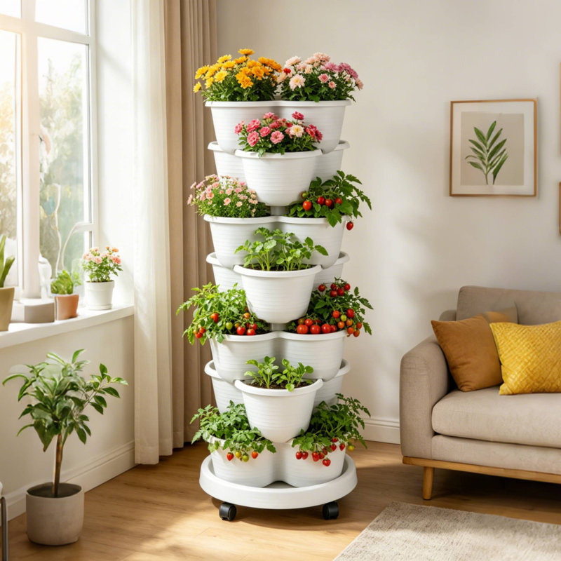 Pot à fleurs vertical à 7 étages avec poteau de soutien Strawberry, Blanc