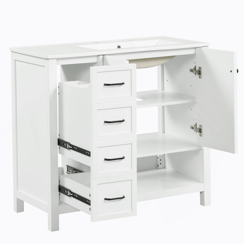 Meuble-lavabo avec comptoir d'évier, armoire de salle de bain avec tablette ouverte, deux portes et deux tiroirs