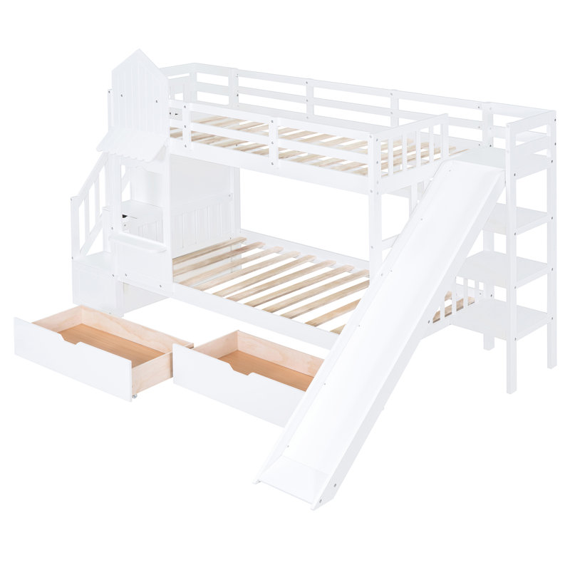 Lit superposé blanc Twintwin avec design, 2 tiroirs, 3 tablettes, glissière, convient à la configuration de la chambre à coucher