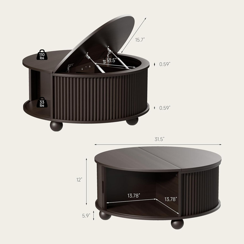Round Coffee Table with Storage, 31.5" Mid Century Modern Fluted Coffee Table with 360° Curved Sliding Door, Dark Walnut