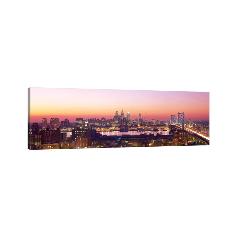 Arial View Of The City At Twilight, Philadelphia, Pennsylvania, USA by Panoramic Images - Wrapped Canvas Panoramic Print