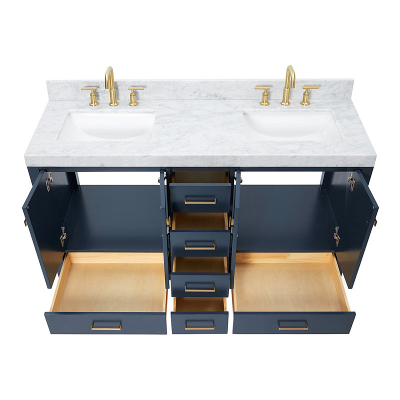 Cambridge Double Bathroom Vanity with Carrara Marble Top, Midnight Blue