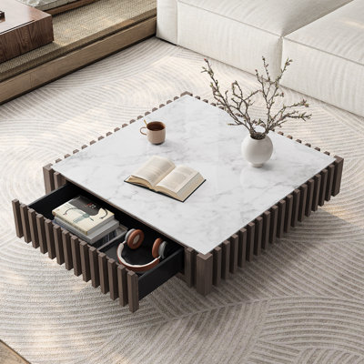 Table basse carrée 34 po, table centrale avec 1 tiroir et bande verticale en bois, aucun assemblage requis