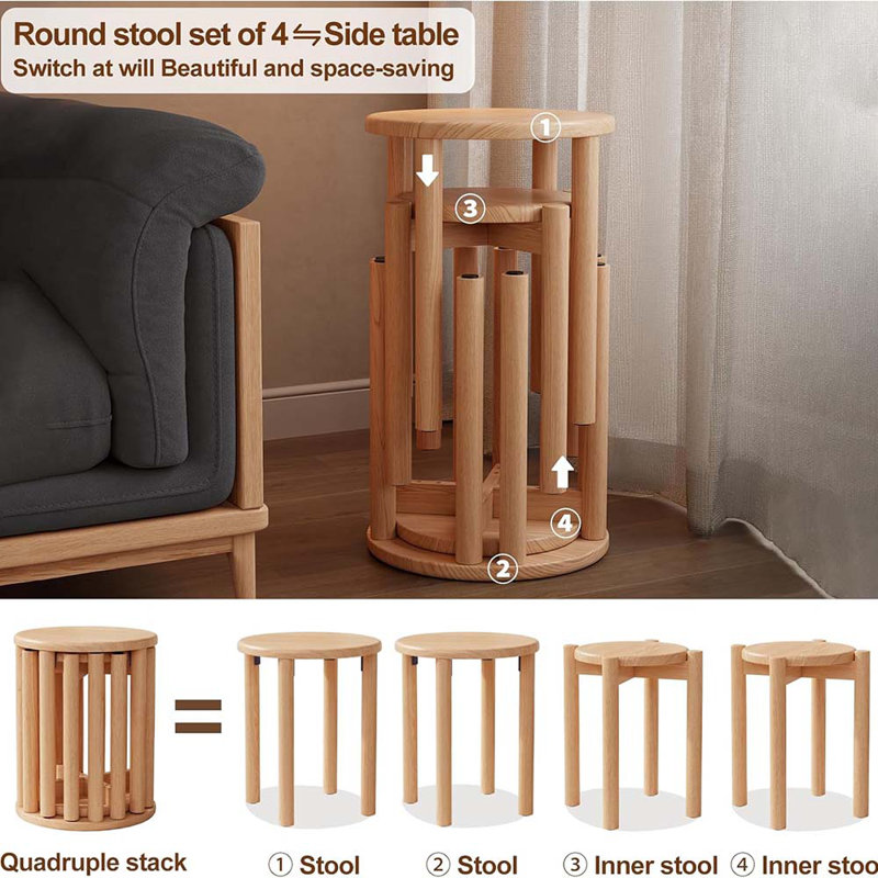Stools Set Of 4 Wooden Stools Stool Nesting Side Tables Nesting Coffe Table Sturdy And Durable,No Installation Required,Top Stackable Stool For Saving Space(Bar Stools)