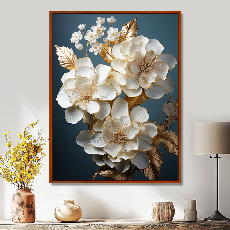 Décoration murale hortensia baroque blanc et or I - Hortensia, 20" H x 12" W, Cadre flottant brun