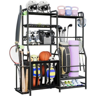 Garage Sports Equipment Organizer, Golf Bag Storage Rack, Heavy Duty Ball Holder with Basket & Hooks