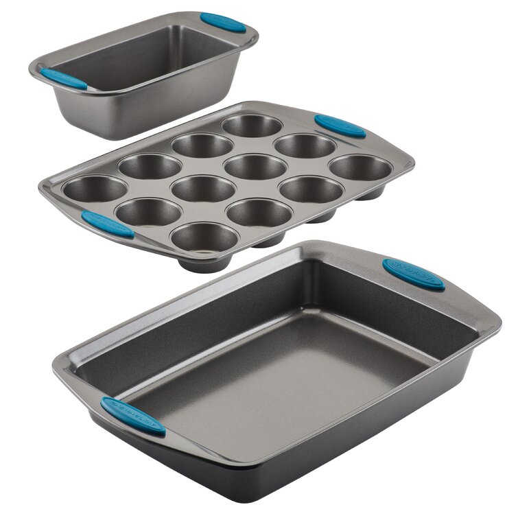 Rachael Ray Nonstick 3-Piece Bakeware Cookie Pan Set - Gray with Marine Blue Grips