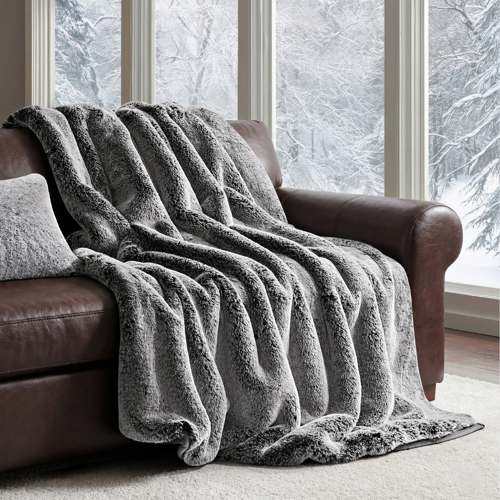Luxury Soft Faux Chinchilla Fur Throw Blanket 1220GSM, 80" L x 60" W, Onyx Mink