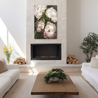 Art mural contemporain abstrait pivoines en fleurs sur fond sombre