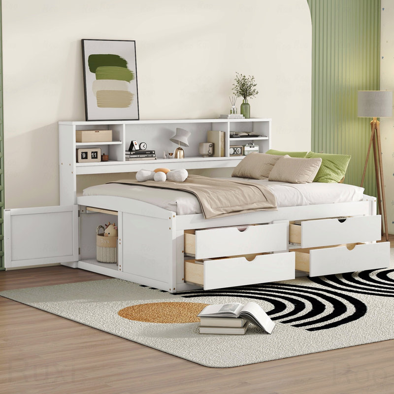 Full Wood Daybed Frame, 2 Cabinets, Shelves, 4 Drawers, White