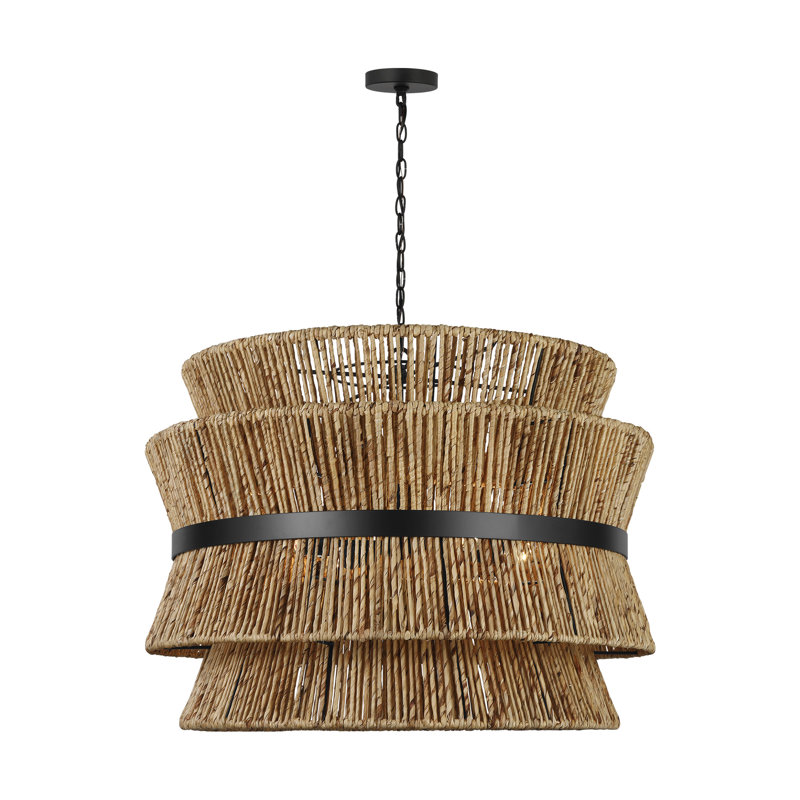 Luminaire suspendu pour salle à manger 4 lumières Thurlo au fini noir minuit avec abat-jour en corde Abaca naturel