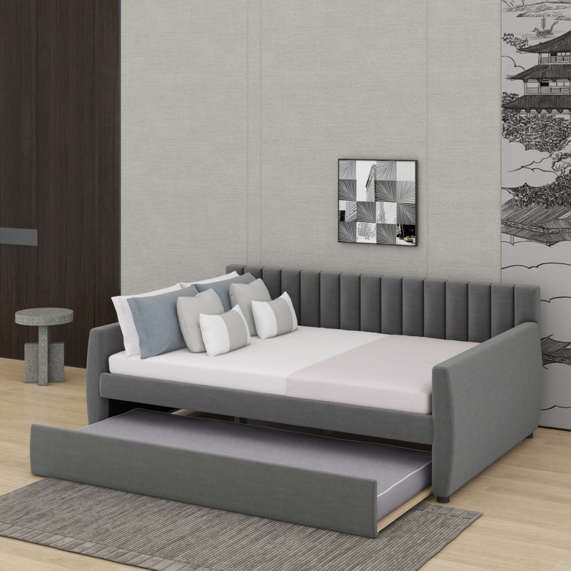 Full Size Upholstered Daybed With Trundle, Gray
