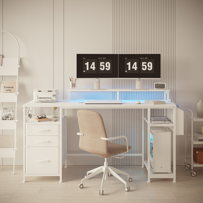 Built-In Outlets Computer Desk With Storage Shelves &  File Drawers Cabinet