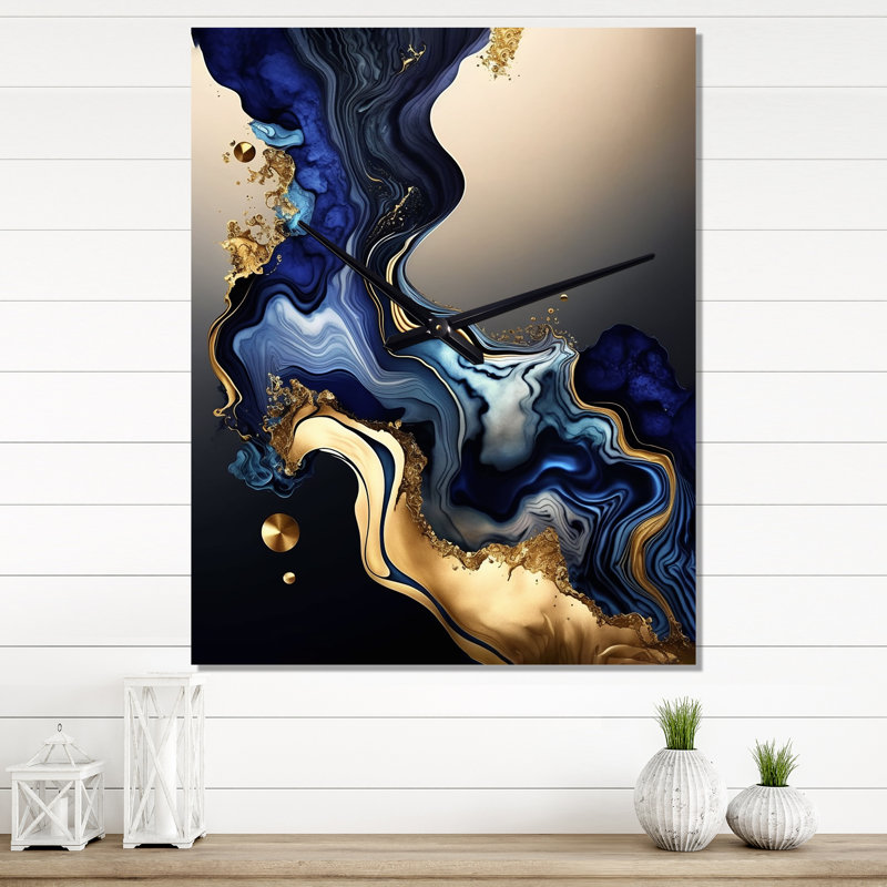 Abstrait marbre géode bleue III - Très grandes horloges murales à encre liquide, H 28 po x l 12 po x P 1 po
