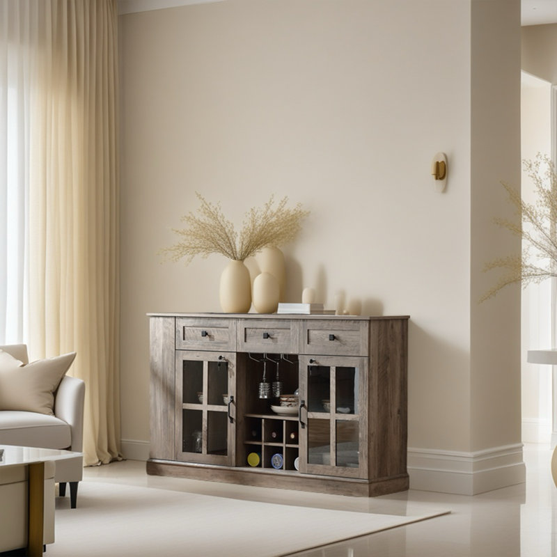  Liquor Bar Cabinet With Locks,7 LED Lighting and 3 deep drawers,for kitchen,dining room and living room, Gray