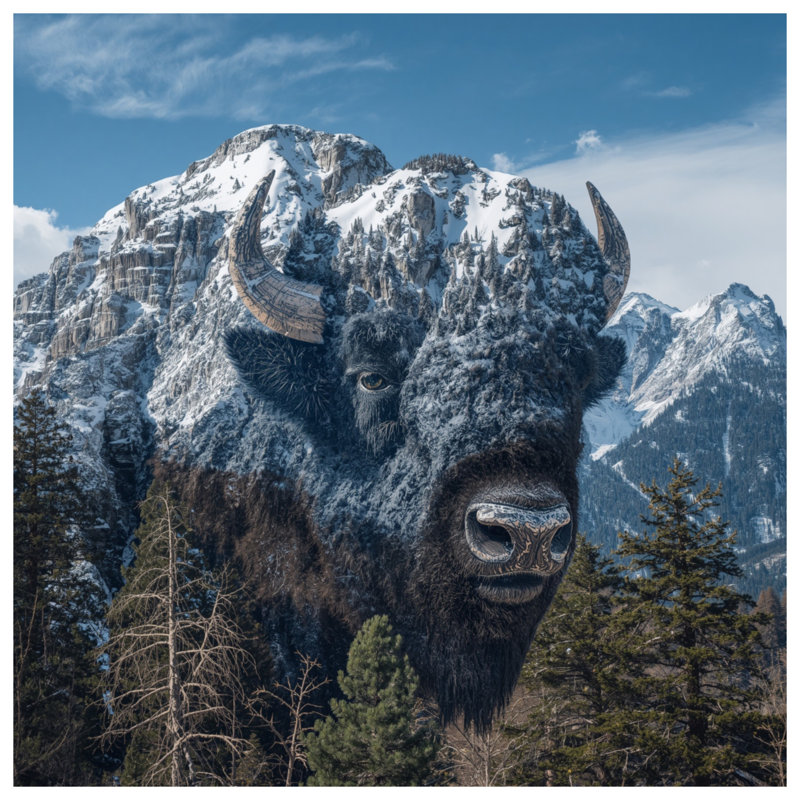 Tapisserie murale Mountain Bison Illusion - fantaisie, 50in H x60in W with 4 Grommets
