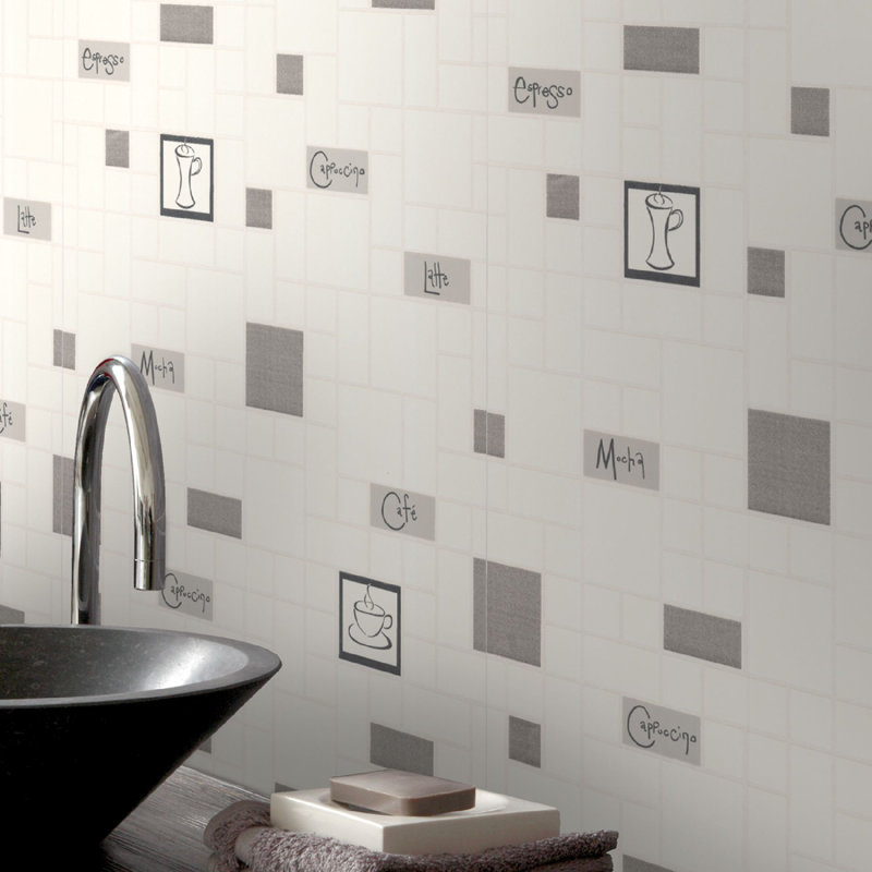 Contour Cafe Culture Kitchen Grey/White Tiled Washable Typography Wallpaper