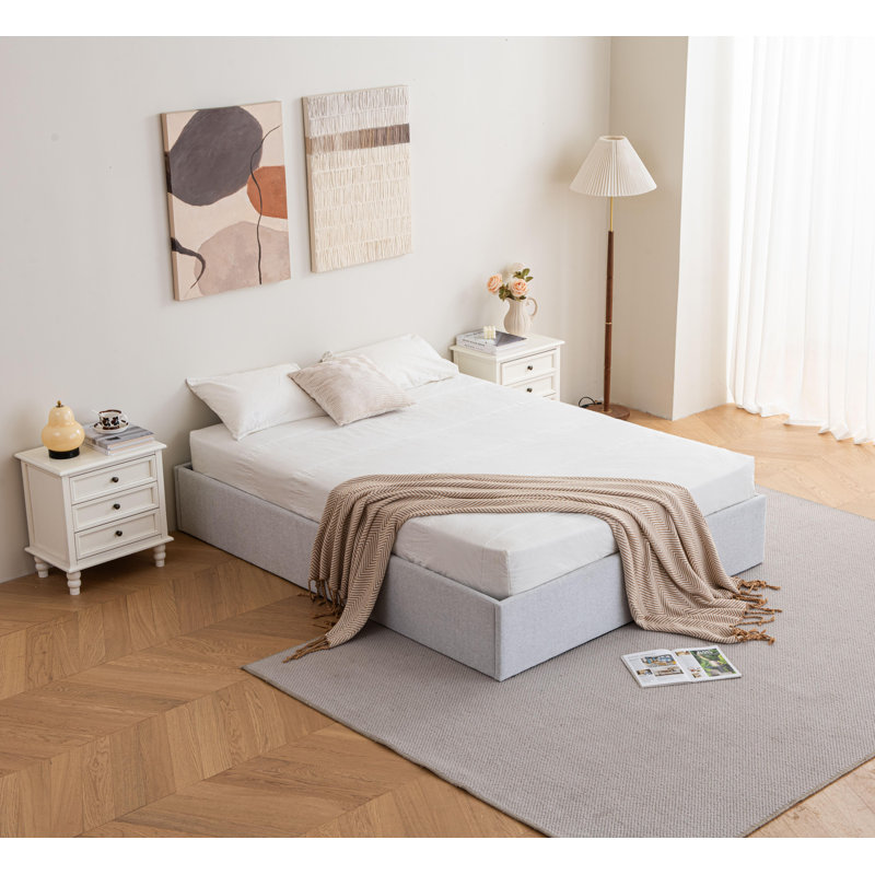 Braud Upholstered Hydraulic Lift Up Storage Bed Without Headboard, Off White, Queen