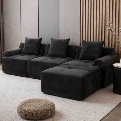 Canapé modulaire en forme de L 104 po | Canapé en mousse à densité élevée désossée avec repose-pieds amovible | Canapé modulaire 3 pièces en tissu ananas résistant au froissement