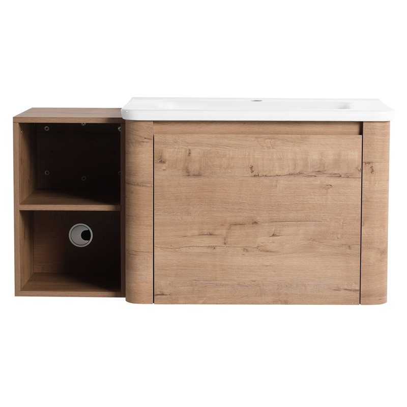 Meuble-lavabo mural moderne de 40 po avec lavabo en céramique blanche, tablettes de rangement supplémentaires et 1 porte à fermeture en douceur, emballage en kd, matériau en contreplaqué, céramique facile à nettoyer, petite base à rebords arrondis,