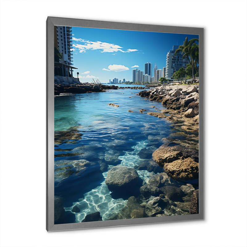 Derrynisk turquoise gris Miami Coastal Resilience - imprimé, H 40 po x l 30 po x P 1,5 po, Cadre photo argenté
