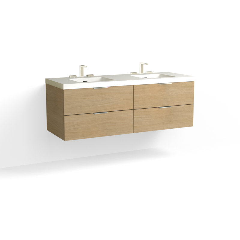 Avila 60" W Wall Mounted Double Bathroom Vanity, Glossy White/8" Widespread, Nocino, Matte Black