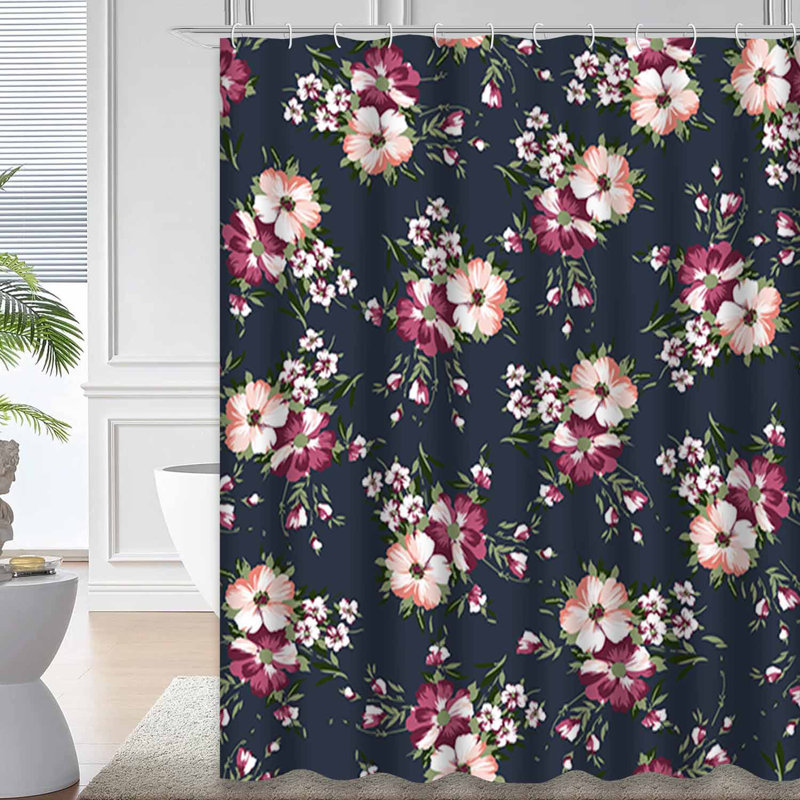 Rideau de douche rouge à motif floral sans couture avec 12 crochets, L 72 po x l 78 po