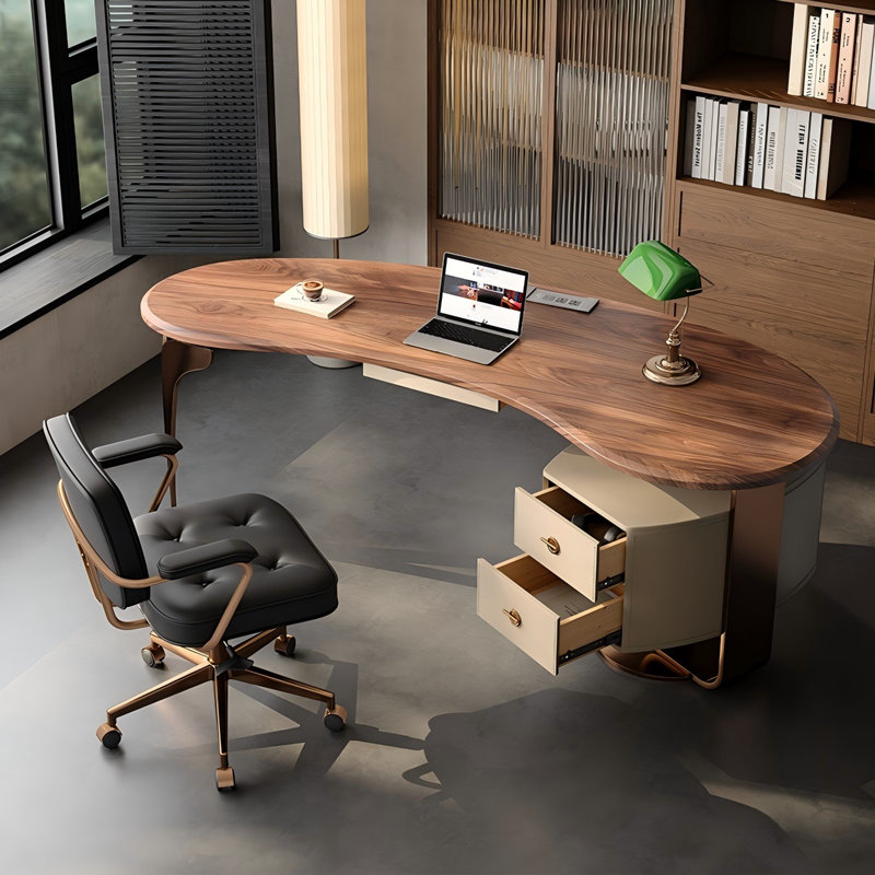Brown Unique Pea Shape Modern Desk, 29.53" H x 62.99" W x 30.31" D