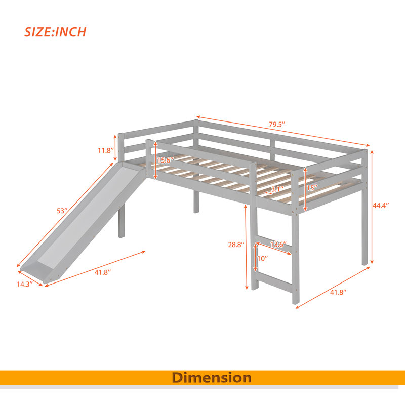 Loft Bed With Slide, Multifunctional Design, Twin, Gray