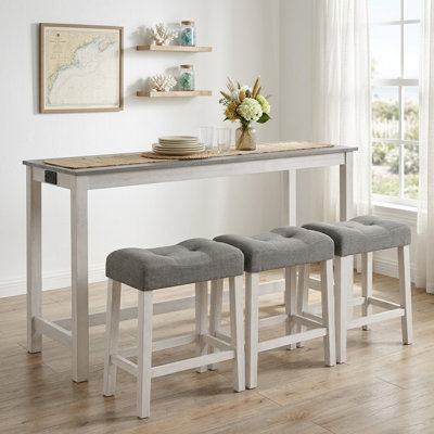 Ensemble de table de bar 4 pièces avec prise de courant, ensemble de table de bar avec chaises, table de bar avec tabourets, table de canapé avec 3 tabourets rembourrés, pour le salon, la salle à manger