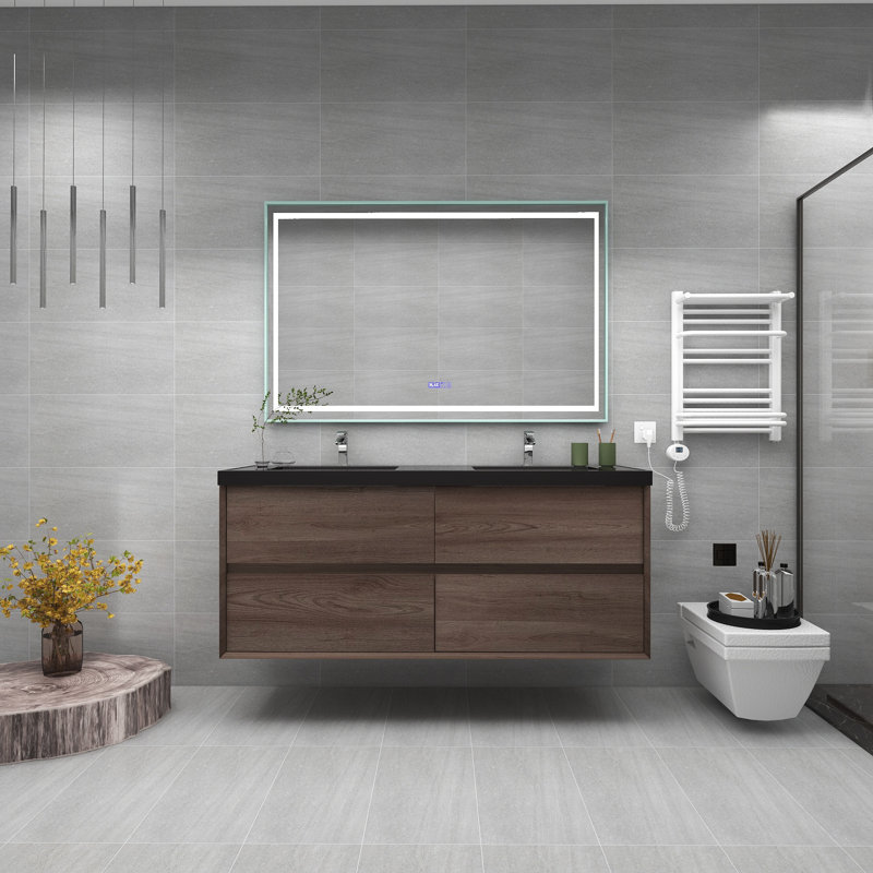 Ensemble de meuble-lavabo double mural 60 po Smariti, Chêne rouge