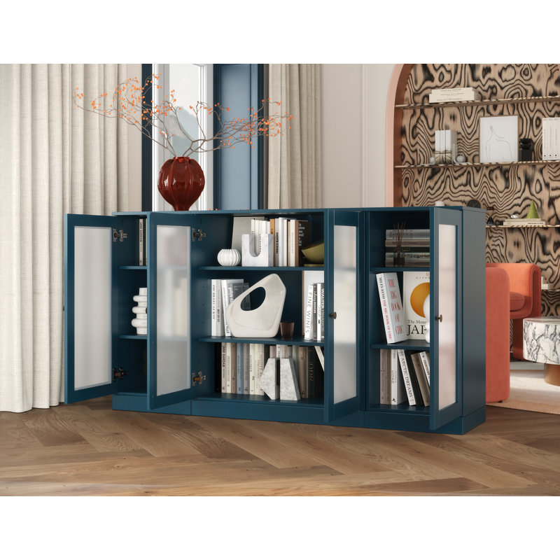 100% Solid Wood 65" Sideboard with Frosted Glass Doors and Adjustable Shelves, Teal Blue