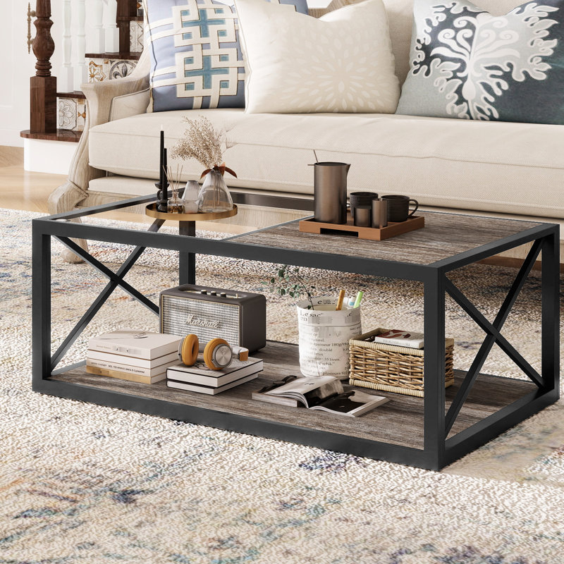 Table basse industrielle contemporaine, plateau de table en bois demi-verre, table de rangement moderne pour différents espaces, bois, support en métal, 22,84 po de largeur