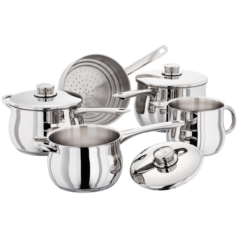 Stellar 1000 5 Piece Stainless Steel Pan Set, 16/18/20Cm Saucepans With Stainless Steel Lids, 14Cm Milk Pan, Steamer