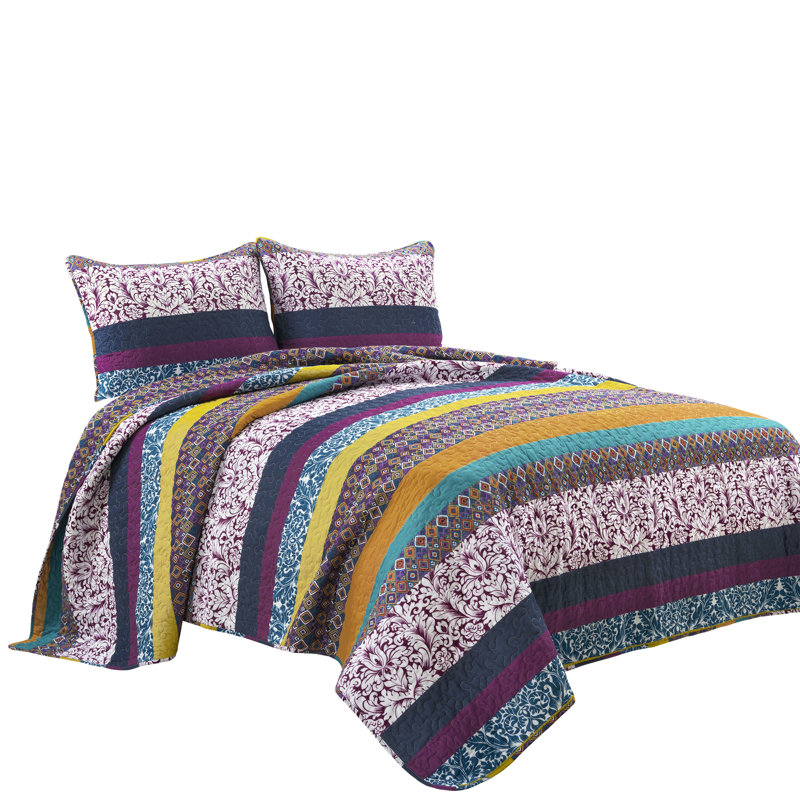 Boho Stripe Reversible Coverlet Set, Full/Queen Quilt + 2 Standard Shams, Purple/Yellow