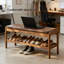 Banc de rangement pour chaussures en bambou avec coussin en cuir - Banc de rangement pour hall d'entrée, salon et chambre à coucher à 2 niveaux