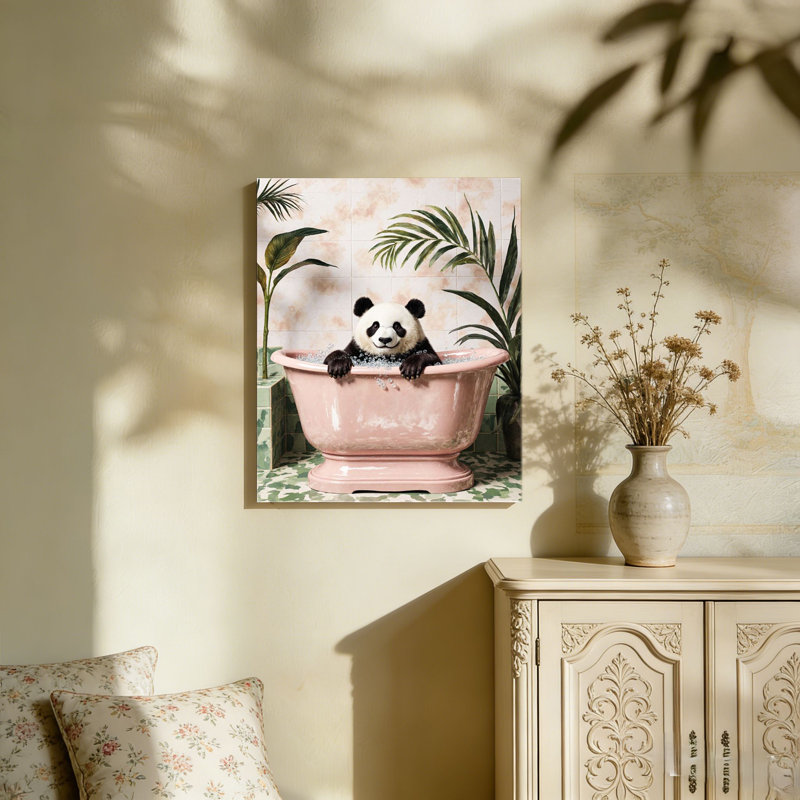 Panda dans une baignoire rose, cadre en bois à l'arrière intégré, art mural, 36 L x 24 W
