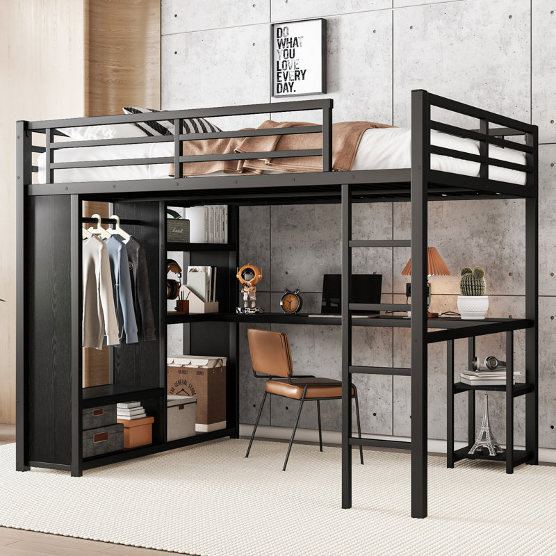 Structure de lit mezzanine multifonctionnelle avec garde-robe intégrée, bureau et tablettes de rangement, parfaite pour un espace peu encombrant et confortable