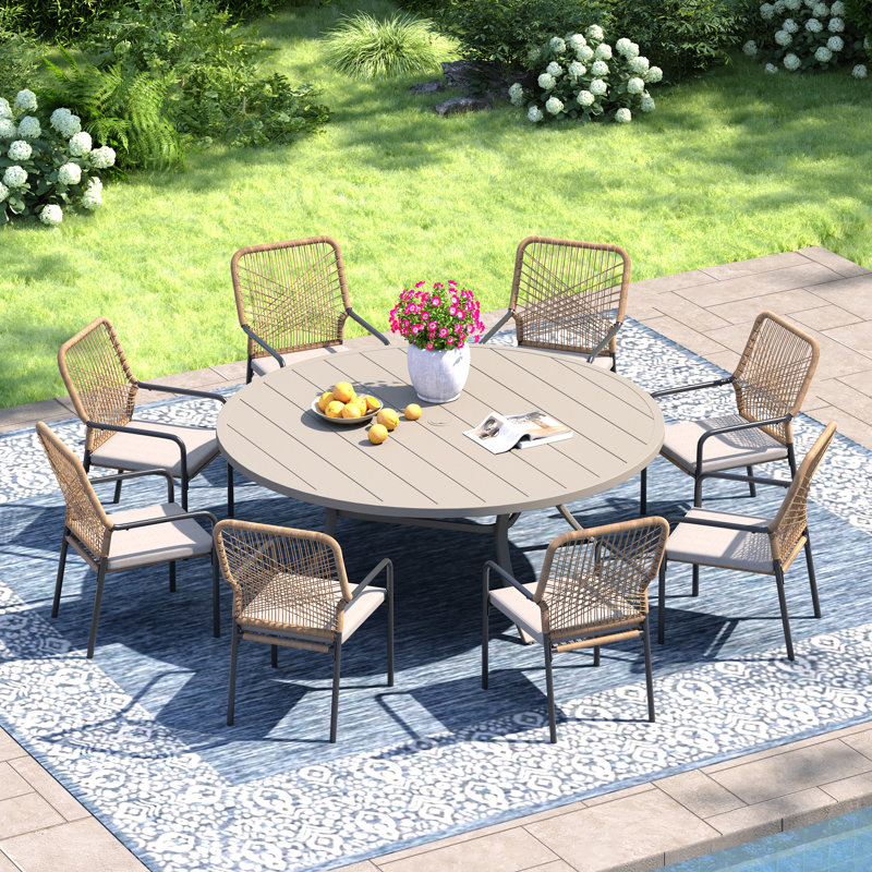 8-Person Round Patio Dining Set with 60" Dining Table and Cushioned Stackable Rattan Chairs, Beige
