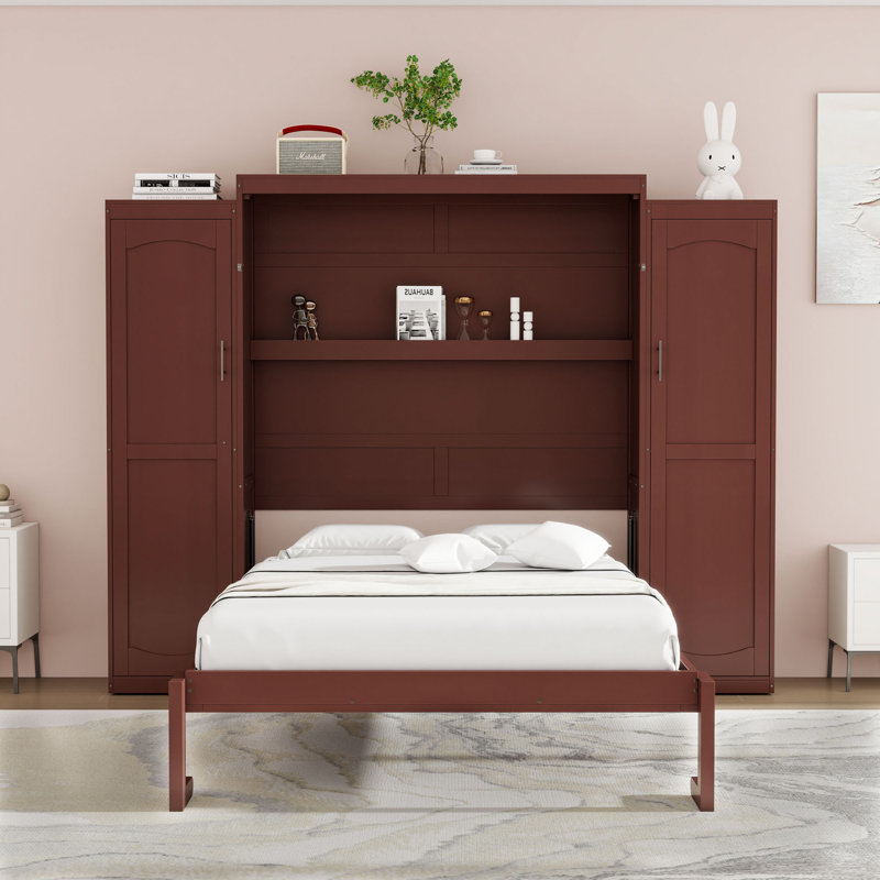 Wooden Murphy Bed with Shelves and Wardrobes, Walnut, Full