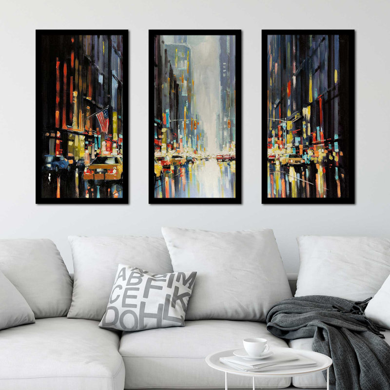 «City Lights» par E. Anthony Orme - peinture encadrée 3 pièces, L 52,5 po x H 33,5 po x P 1 po