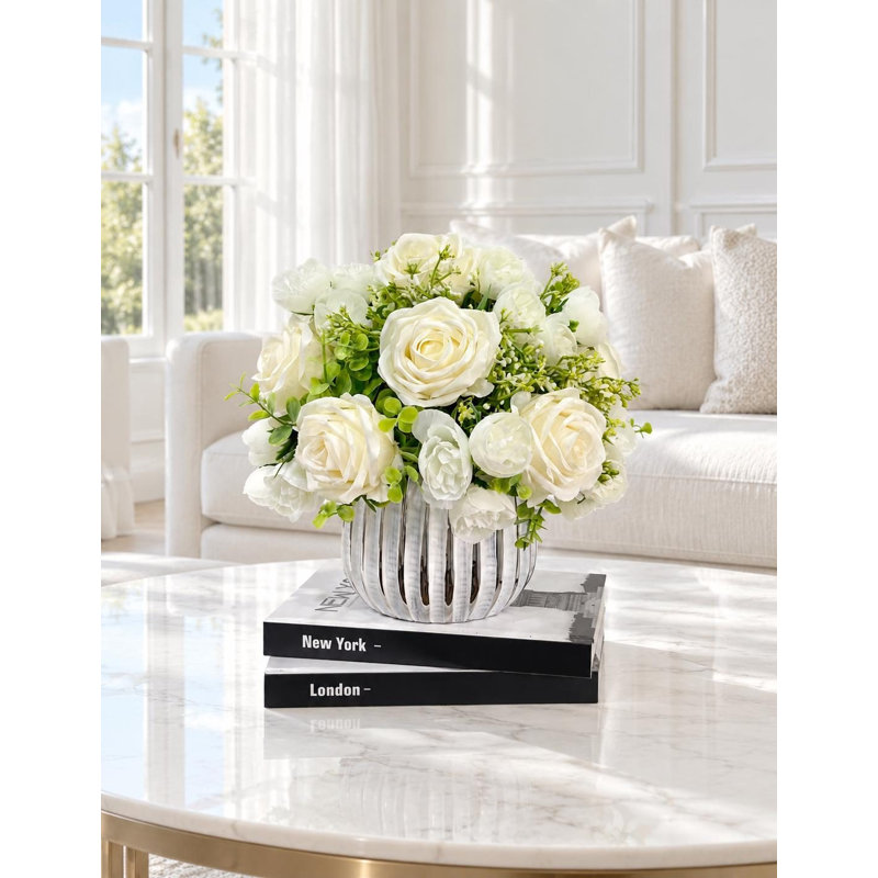 White Silk Rose Peony Centerpiece in Vase