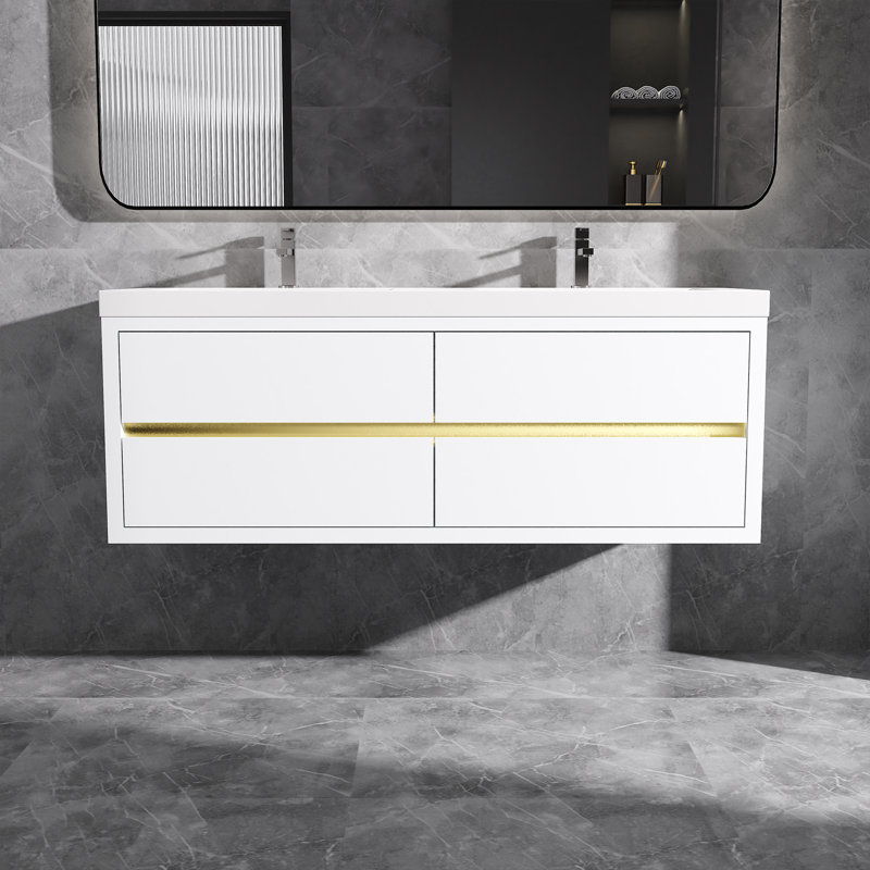 Meuble-lavabo mural flottant avec double surface de comptoir en blanc, 60", Blanc