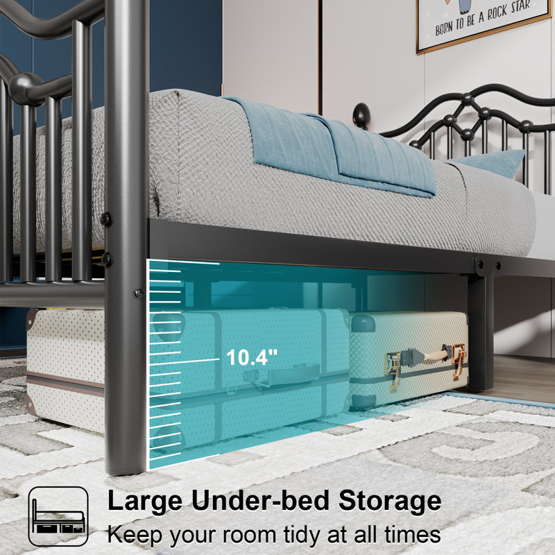 Twin Black Metal Frame Bed with Decorative Headboard and Slats