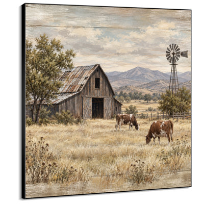 Impression sur tissu grand format - Grange rustique avec moulin à vent, vaches et paysage de montagne pour salon ou chambre - « Assemblage du cadre requis (cadre inachevé) »