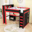 Grand lit mezzanine en bois avec garde-robe, bureau et station de charge