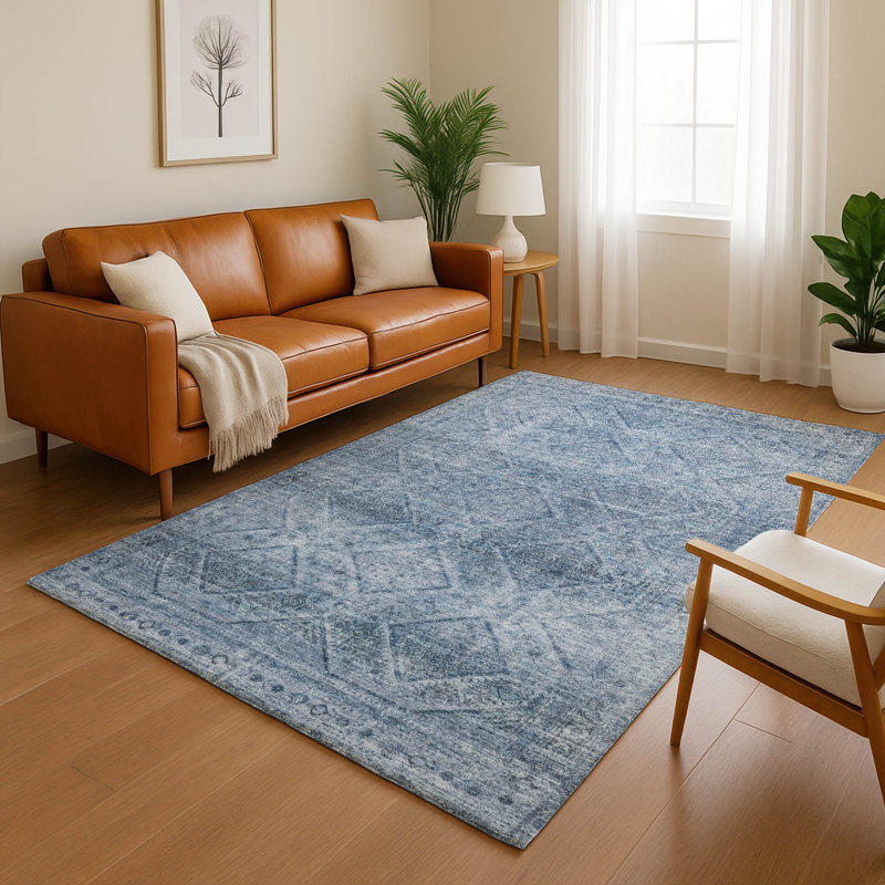 Tapis géométrique lavable à la machine de qualité supérieure Mayfield AMF2060, Bleu, 3 pi x 5 pi