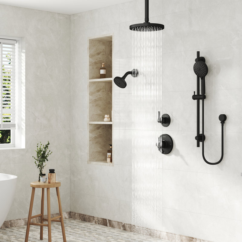 Dual Heads 3-Function Rainfall Shower System With 3-Mode Handheld And Adjustable Slide Bar
