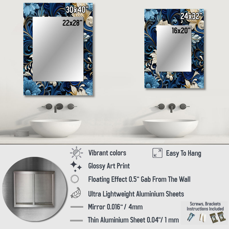 Motif victorien tourbillon de volutes bleu cobalt Hutchins - miroir décoratif floral, 40 po x 30 po